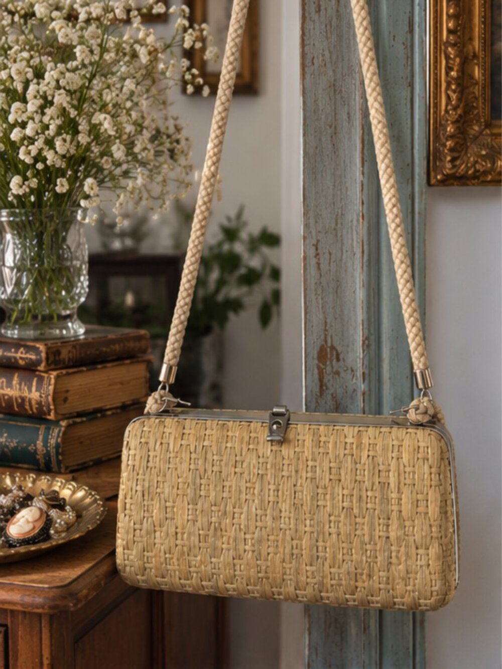 Vintage 1950s 60s Italian Straw Baguette Handbag Box Purse with Braided Strap